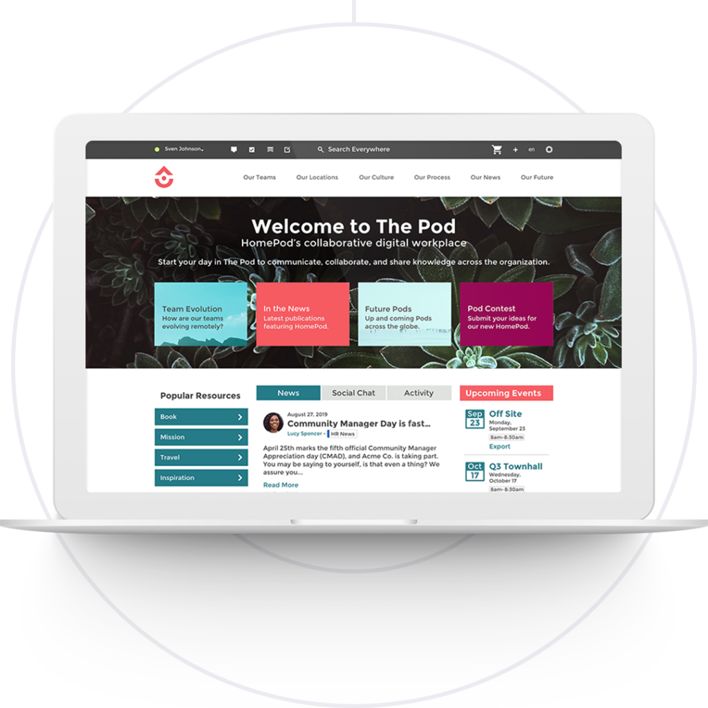 Screenshot of an Igloo digital workplace home page called "The Pod" with newsfeeds, social chats, upcoming events, and popular resources.