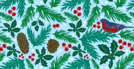 illustration of pine needles, pine cones, a bird, and snow