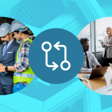 employee engagement software image depicting two different teams in bubbles joined by a cyclical icon with blue background
