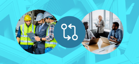 employee engagement software image depicting two different teams in bubbles joined by a cyclical icon with blue background